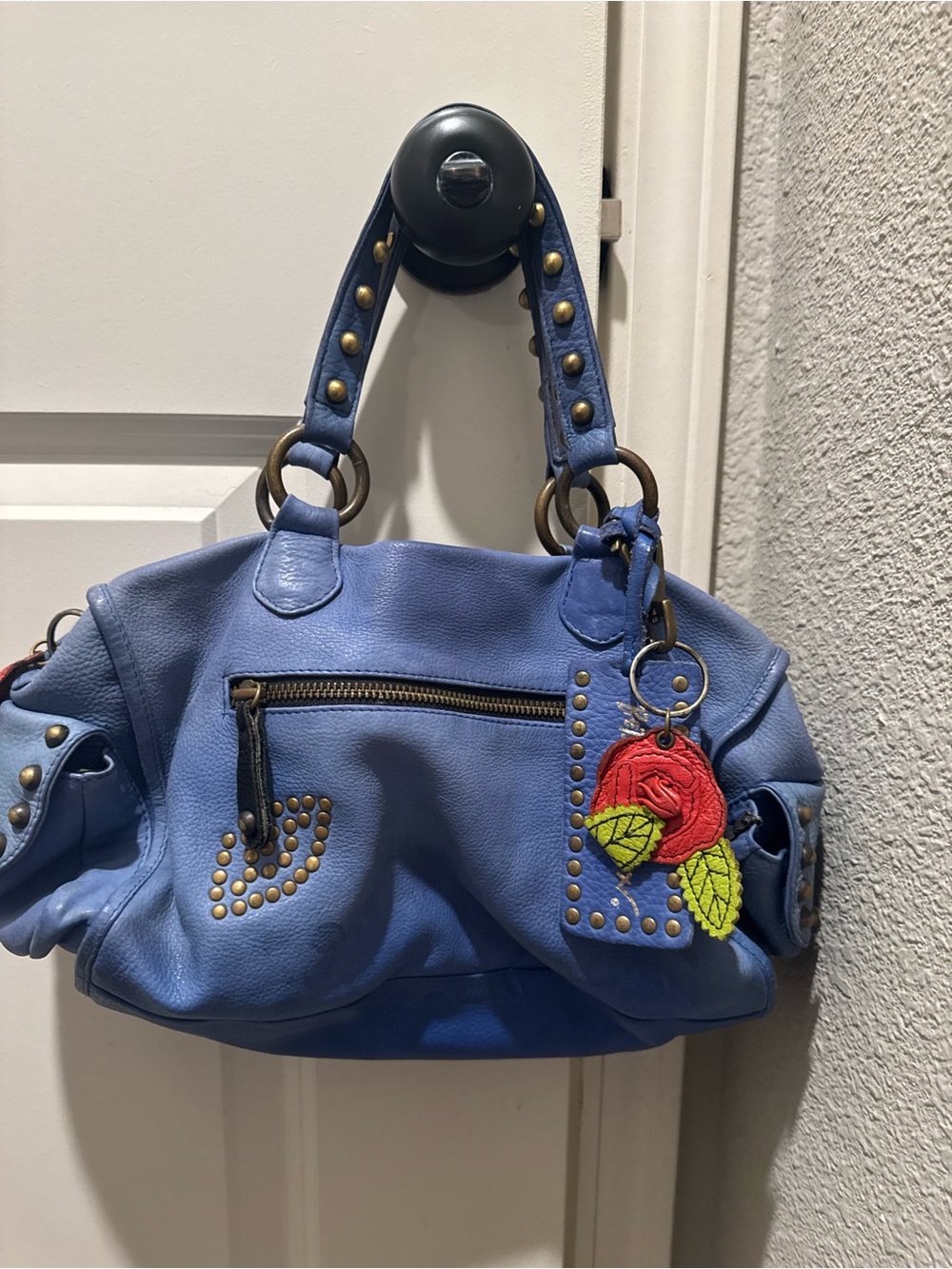 Betsey Johnson Blue Leather Shoulder Bag with Rose Charm - Picture 7 of 7